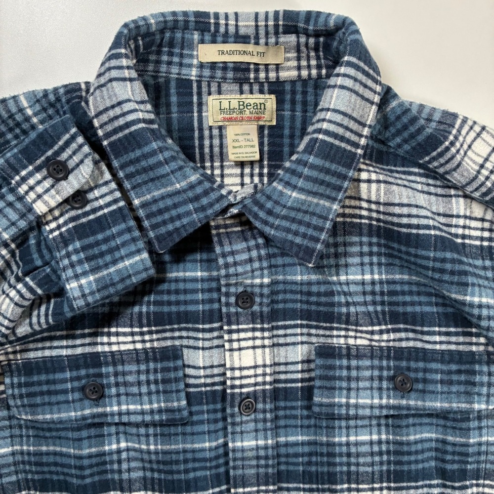 LL Bean Chamois Cloth Flannel Shirt 2XLT Tall Blue Plaid Traditional Fit